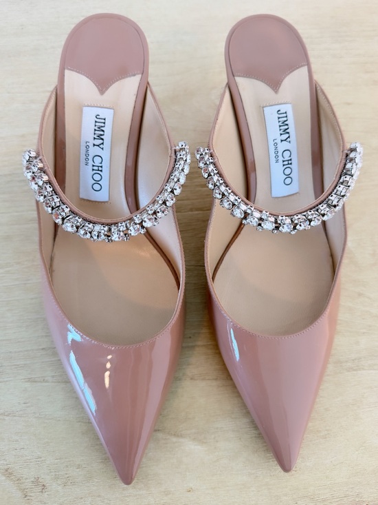 Jimmy Choo Shoes - Jimmy Choo Blush Patent Pointed-Toe Mules with Crystal Strap